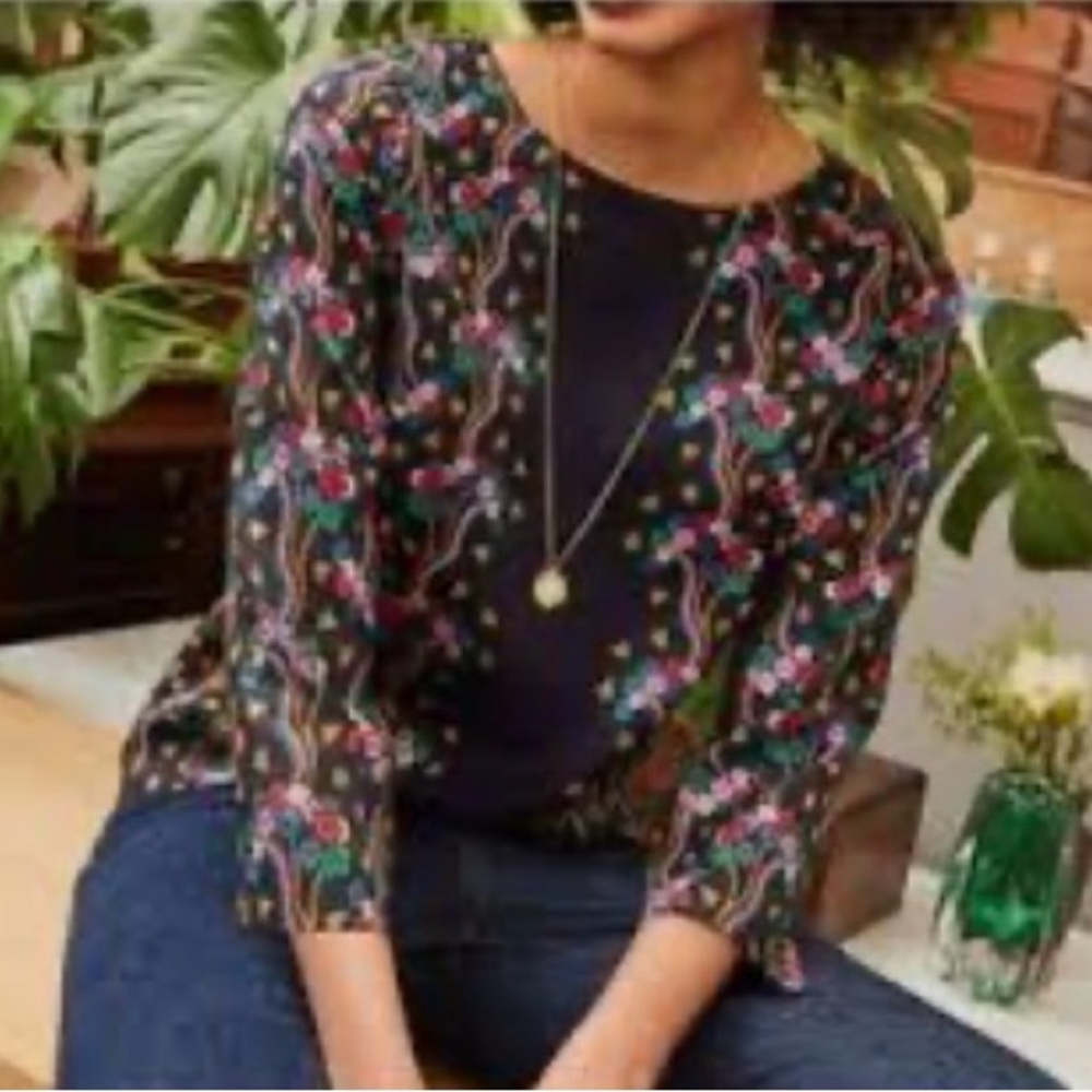 Boden Women's Black Colorful Floral 3/4 Sleeve Blouse Top Peasant Size 6